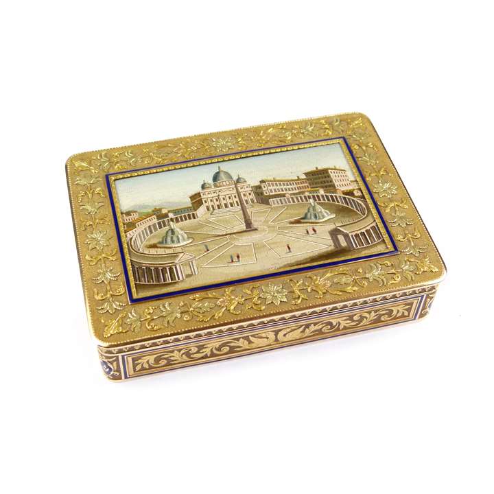 19th century rectangular gold and enamel box with a micromosaic view of St. Peter's Square